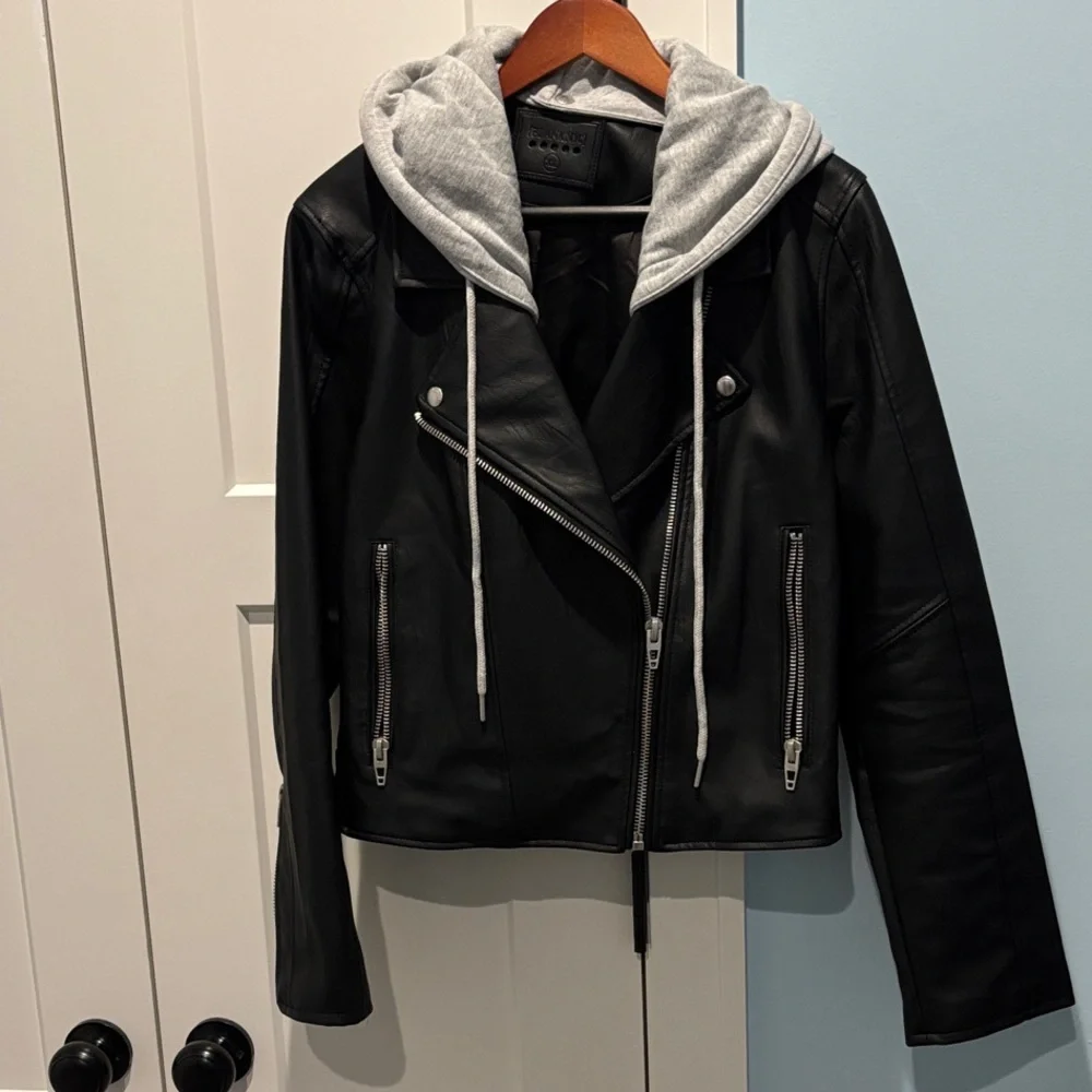 Blank NYC Black Leather Jacket with Gray Hood - Picture 1 of 5